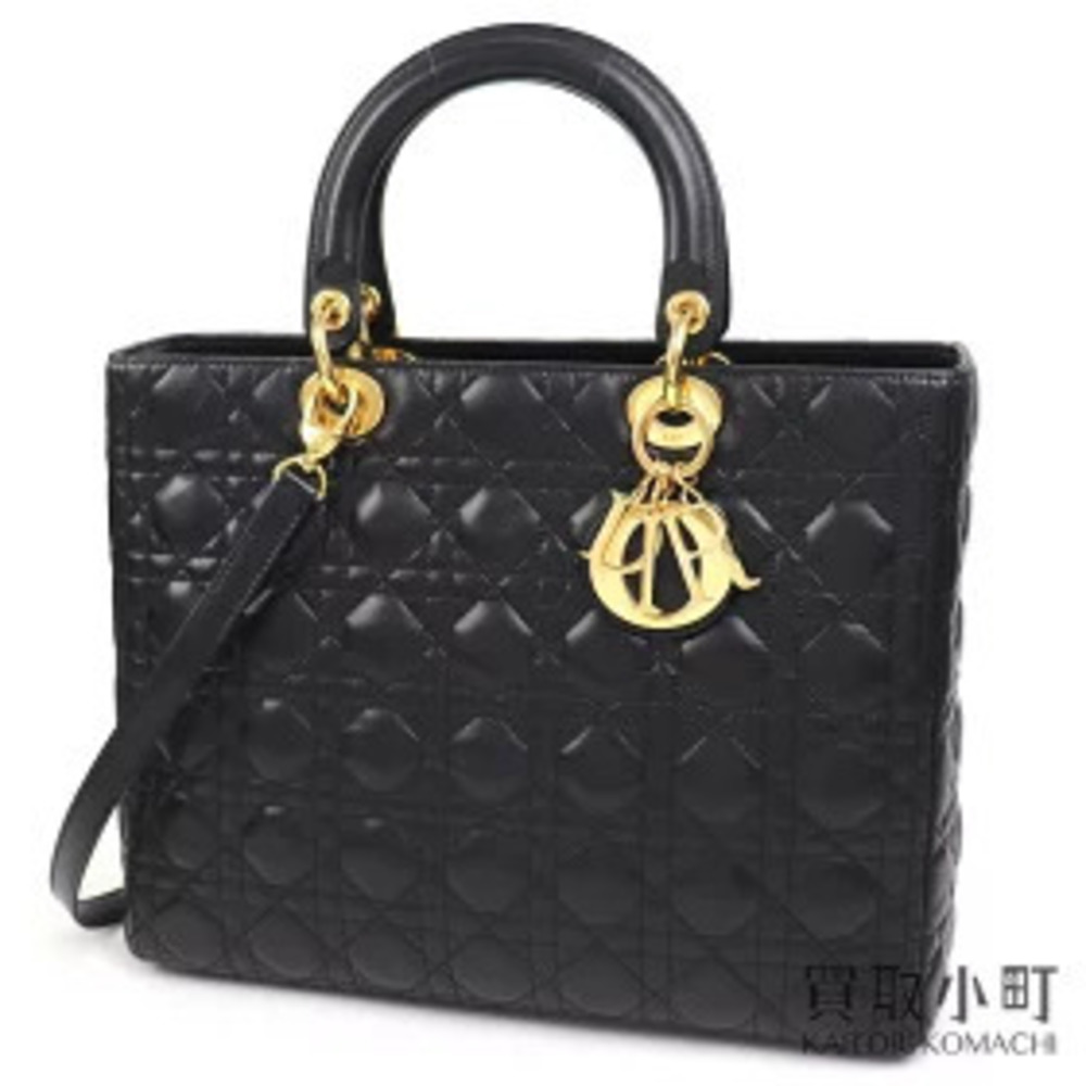 Dior Christian Lady Bag Cannage Stitch Black Lambskin Shoulder Tote Quilted